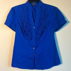 Royal Blue ruffled business work essential stretch womens shirt